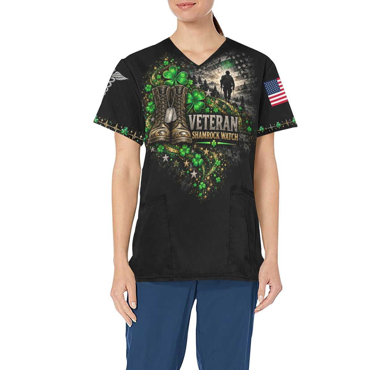 Shamrock Watch — Veterans St. Patrick's Day All-Over Print Scrub Top