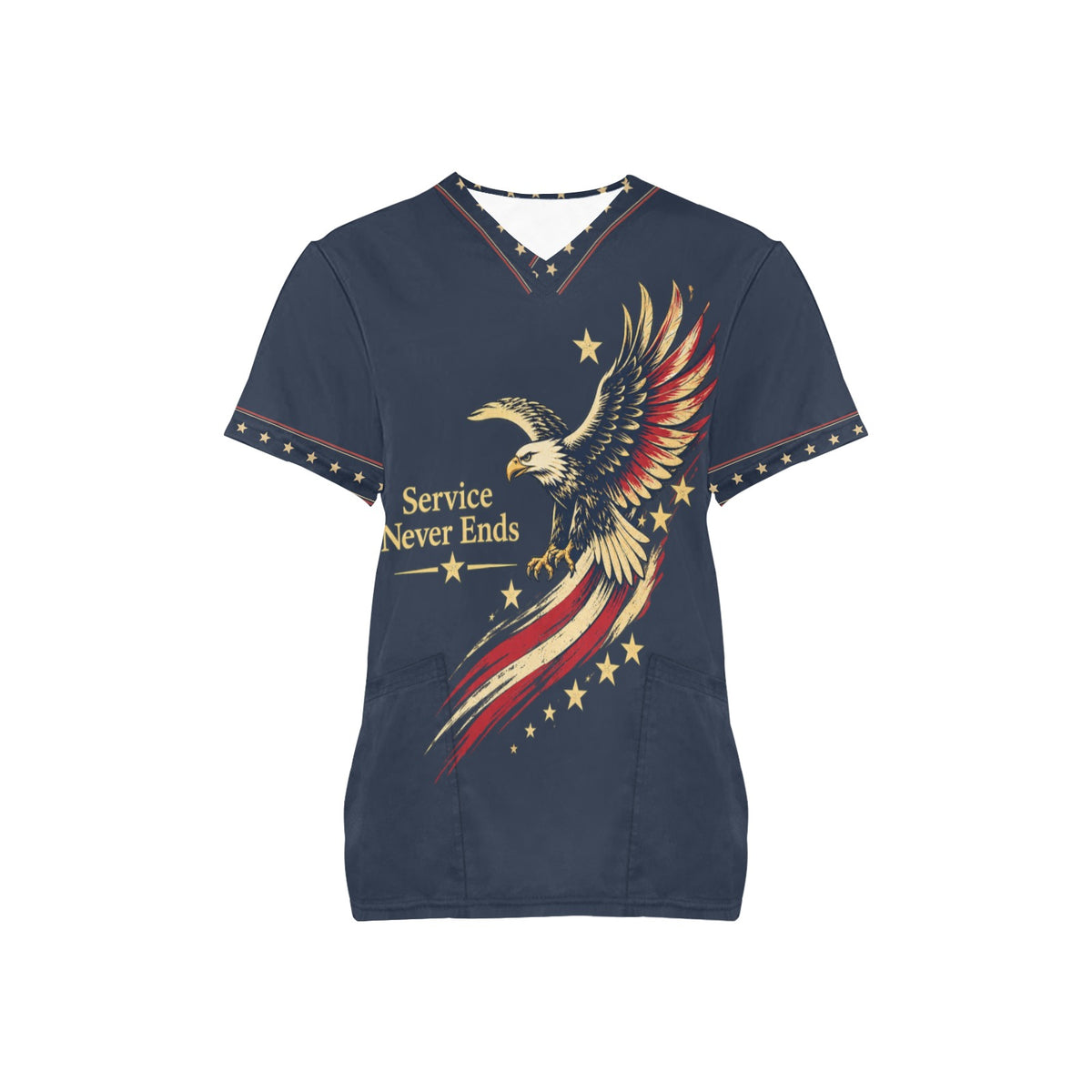 Service Never Ends — Veteran All-Over Print Scrub Top