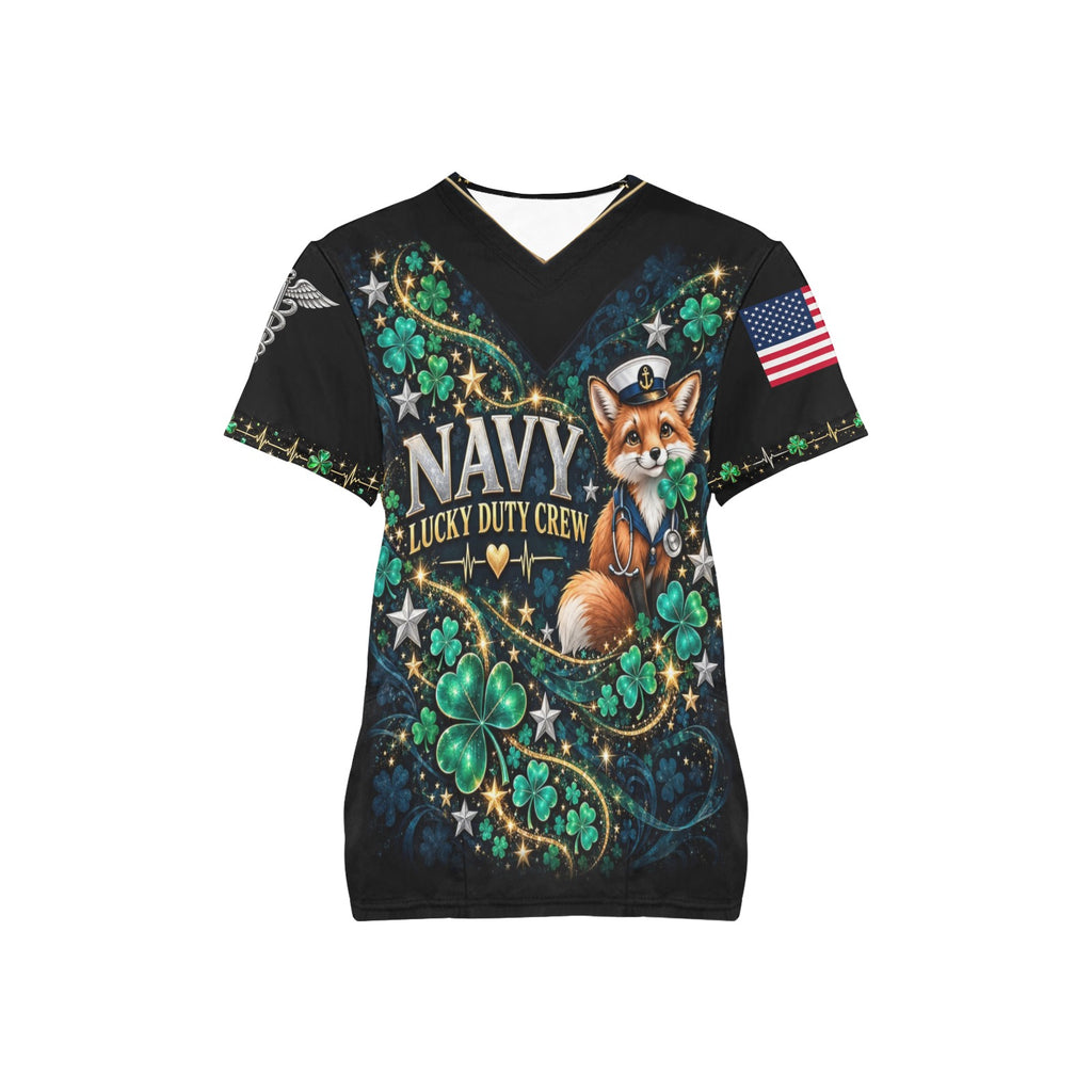 Lucky Duty Crew — Navy St. Patrick's Day All-Over Print Scrub Top