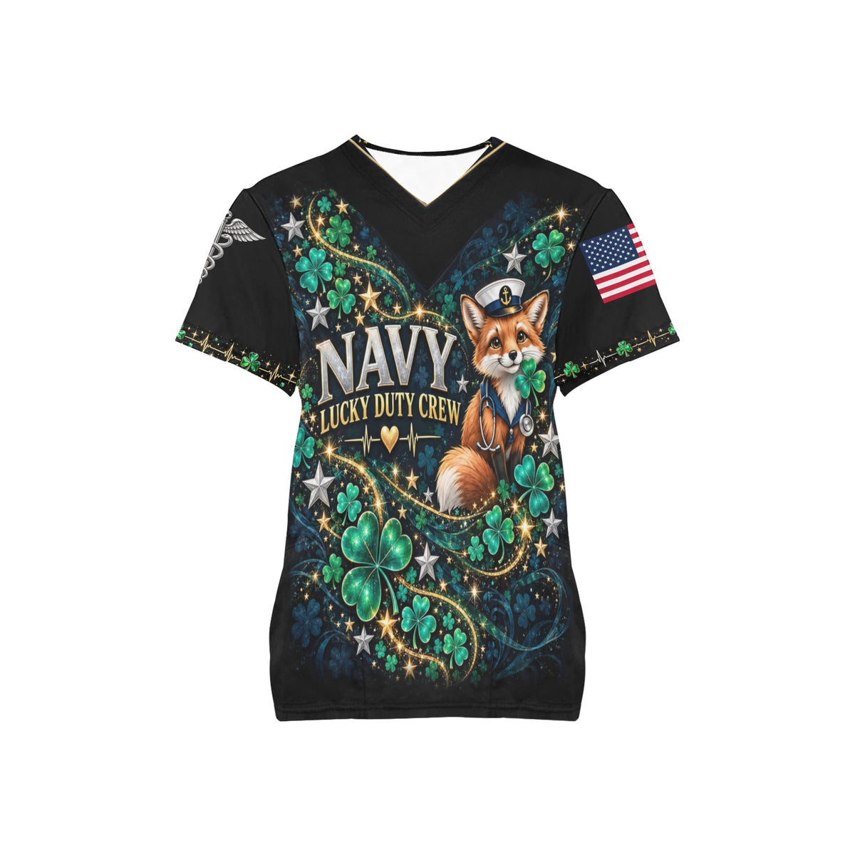 Lucky Duty Crew — Navy St. Patrick's Day All-Over Print Scrub Top