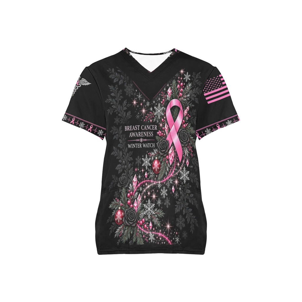 Winter Watch — Breast Cancer Awareness Christmas All-Over Print Scrub Top