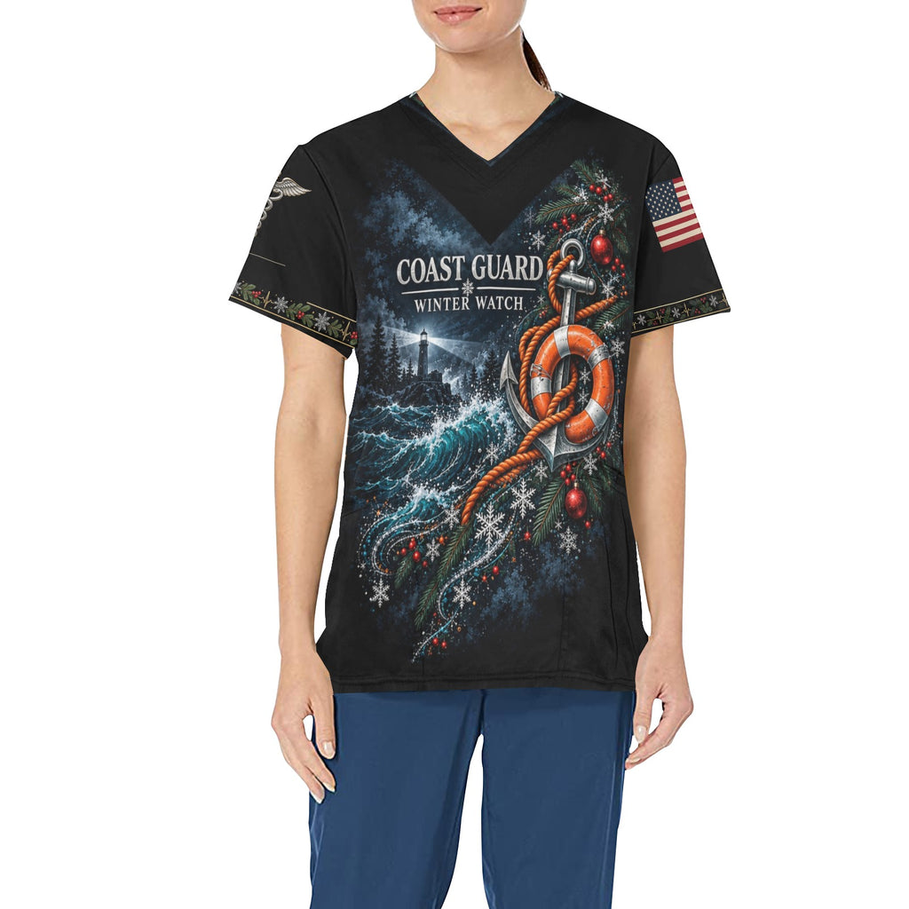 Winter Watch — Coast Guard Christmas All-Over Print Scrub Top