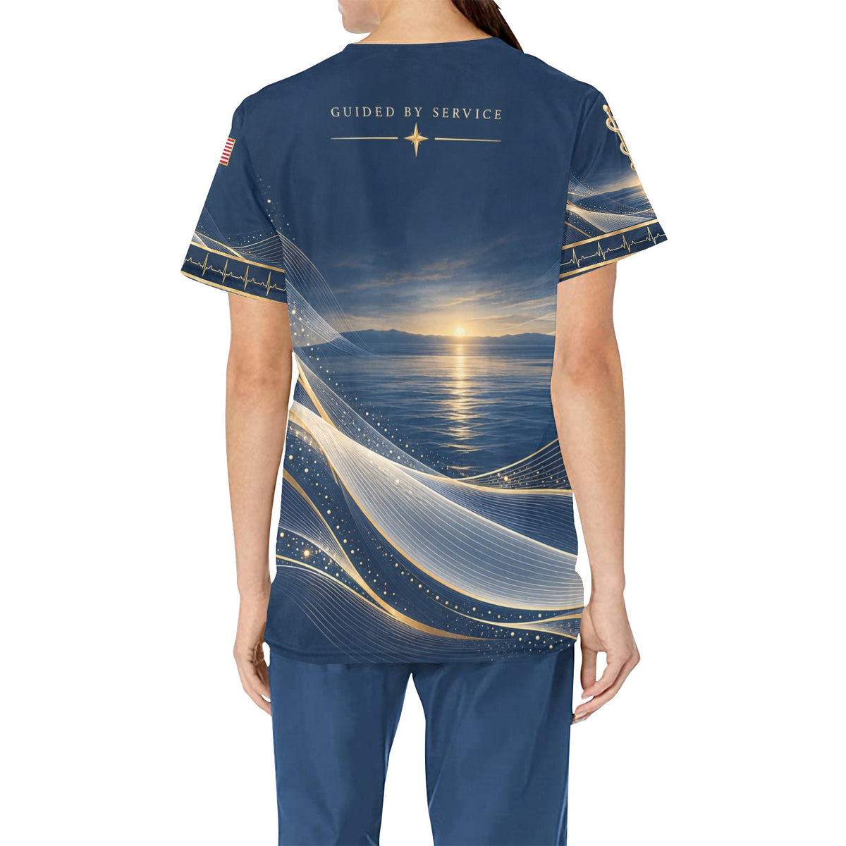 Pearl Horizon — Navy Veteran All-Over Print Scrub Top