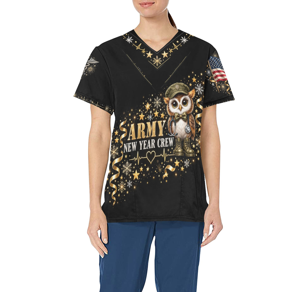 New Year Crew — Army New Year's All-Over Print Scrub Top
