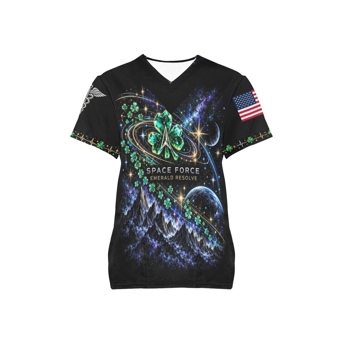Emerald Resolve — Space Force St. Patrick's Day All-Over Print Scrub Top