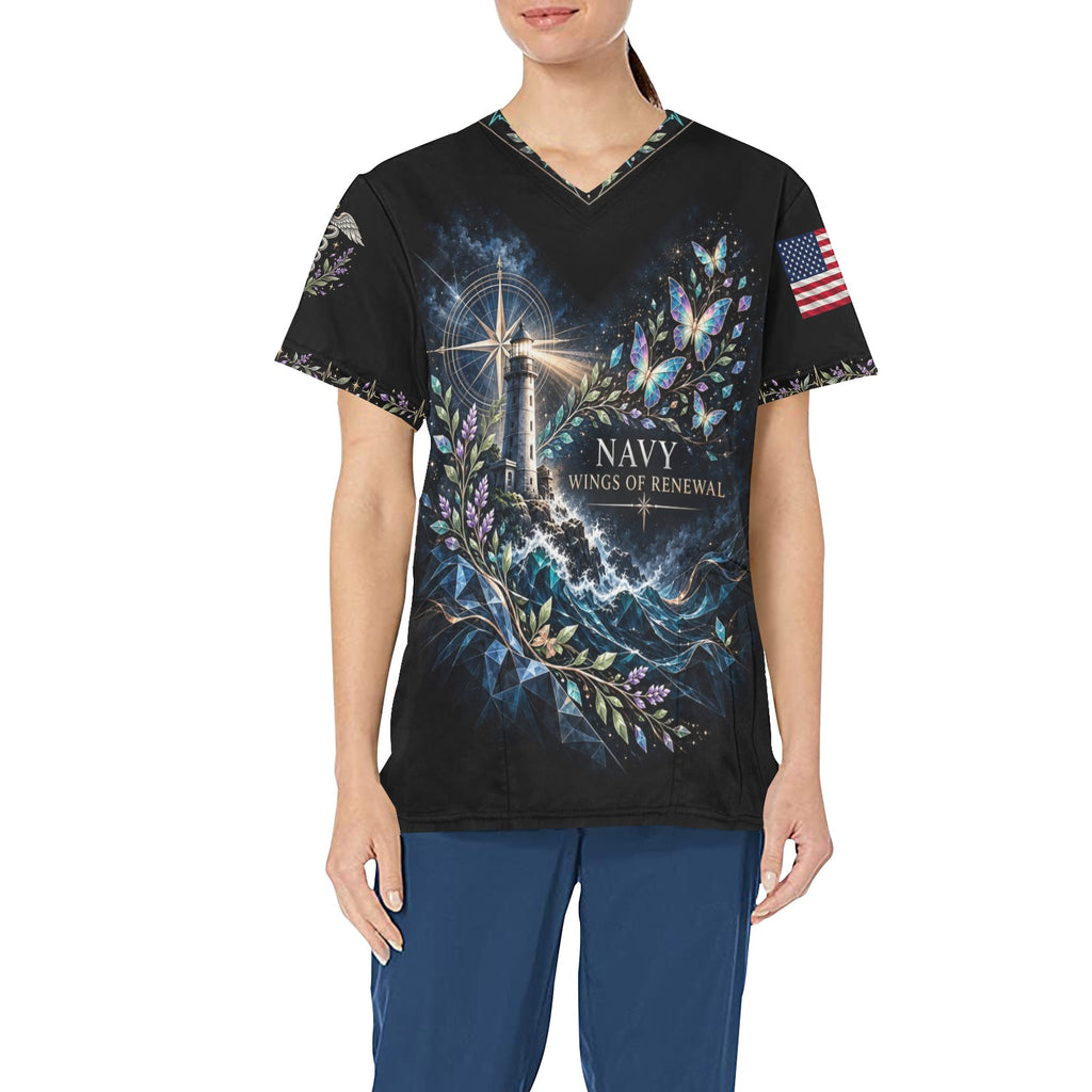 Wings of Renewal — Navy Easter All-Over Print Scrub Top