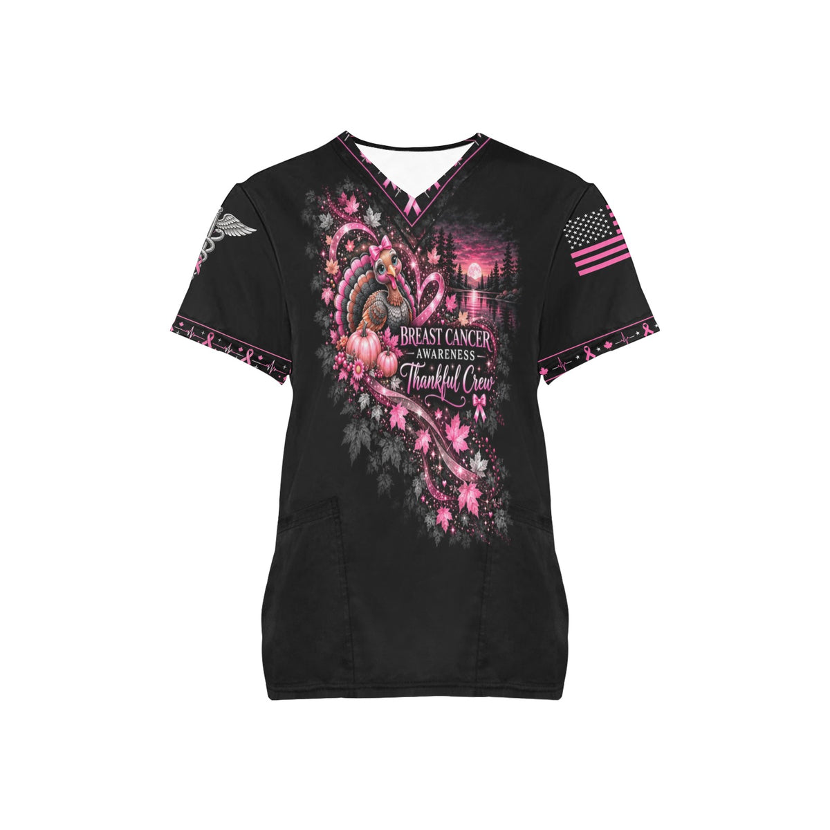 Thankful Crew — Breast Cancer Awareness Thanksgiving All-Over Print Scrub Top