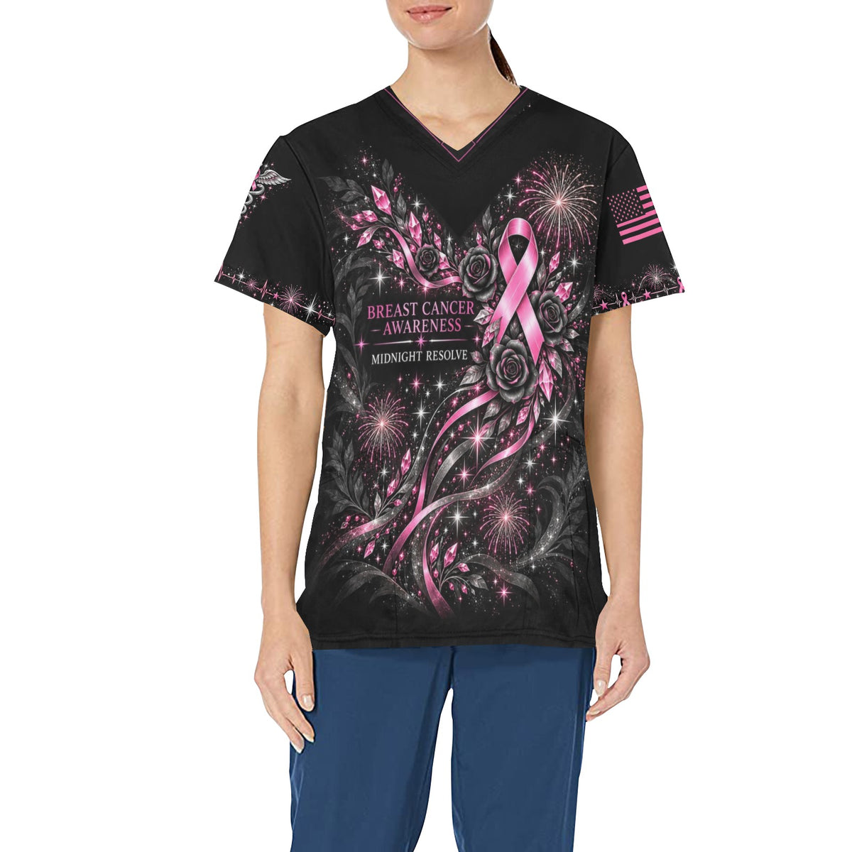 Midnight Resolve — Breast Cancer Awareness New Year's All-Over Print Scrub Top