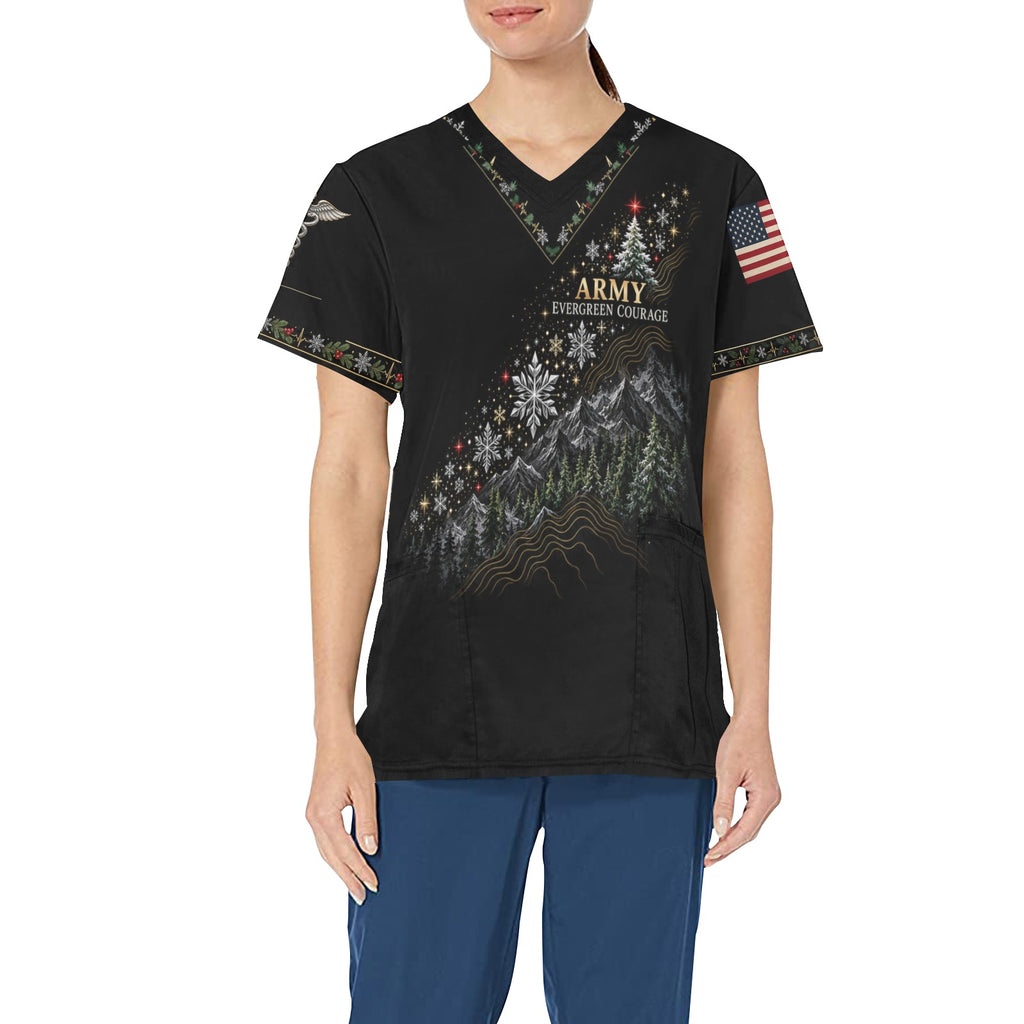 Evergreen Courage — Army Christmas All-Over Print Scrub Top