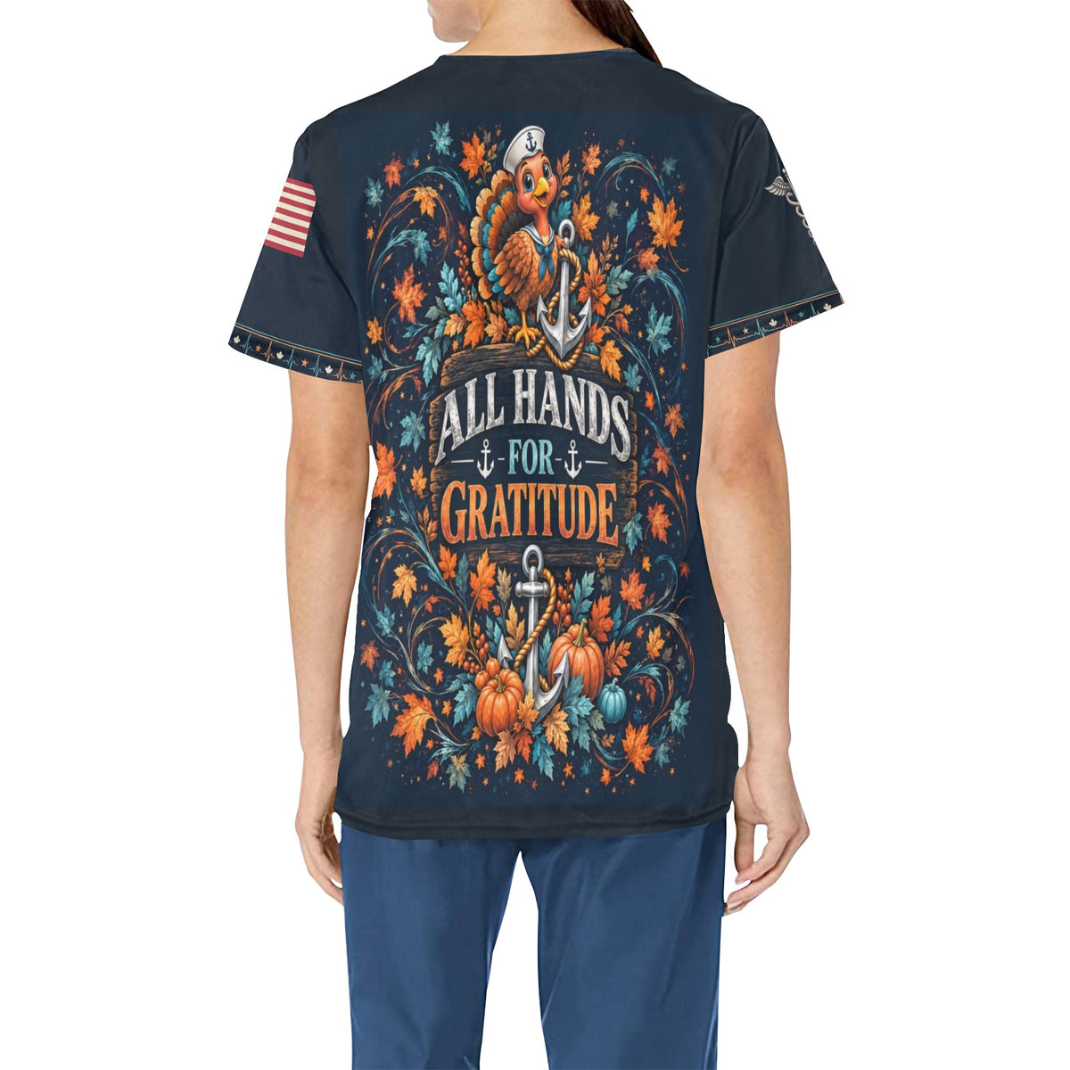 Thankful Crew — Navy Thanksgiving All-Over Print Scrub Top