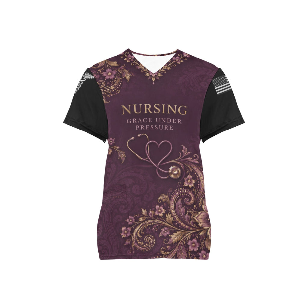 Plum Paisley — Nursing All-Over Print Scrub Top