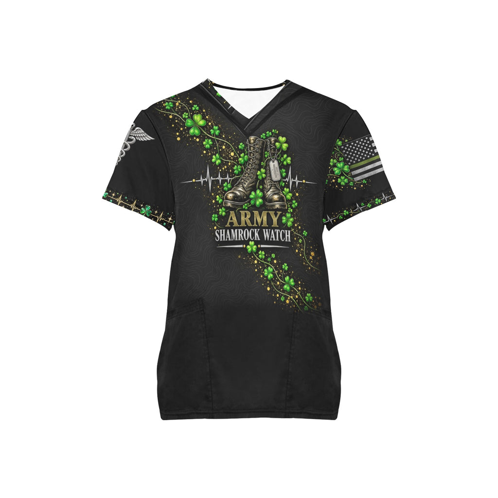 Shamrock Watch — Army St. Patrick's Day All-Over Print Scrub Top