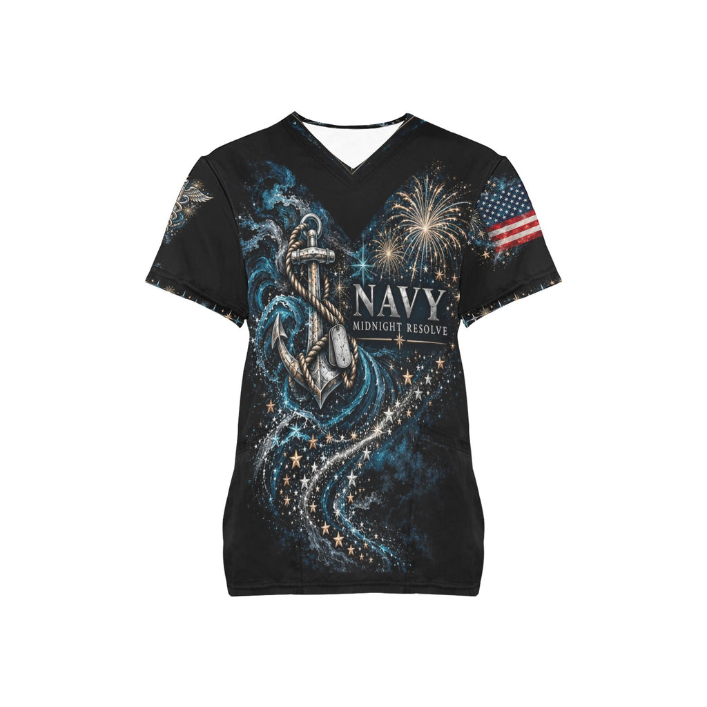 Midnight Resolve — Navy New Year's All-Over Print Scrub Top