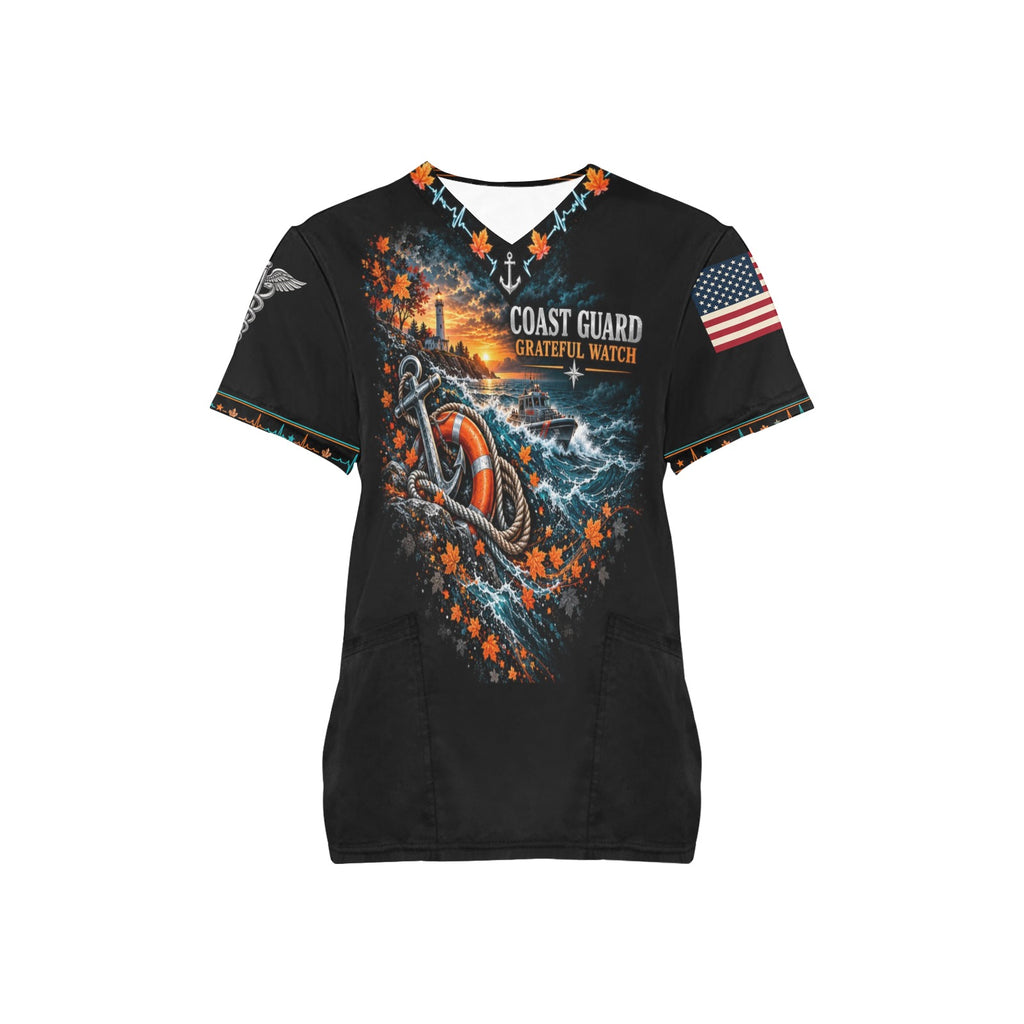 Grateful Watch — Coast Guard Thanksgiving All-Over Print Scrub Top