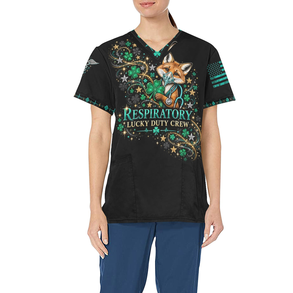 Lucky Duty Crew — Respiratory St. Patrick's Day All-Over Print Scrub Top