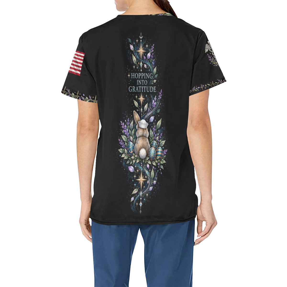 Spring Duty Crew — Navy Easter All-Over Print Scrub Top