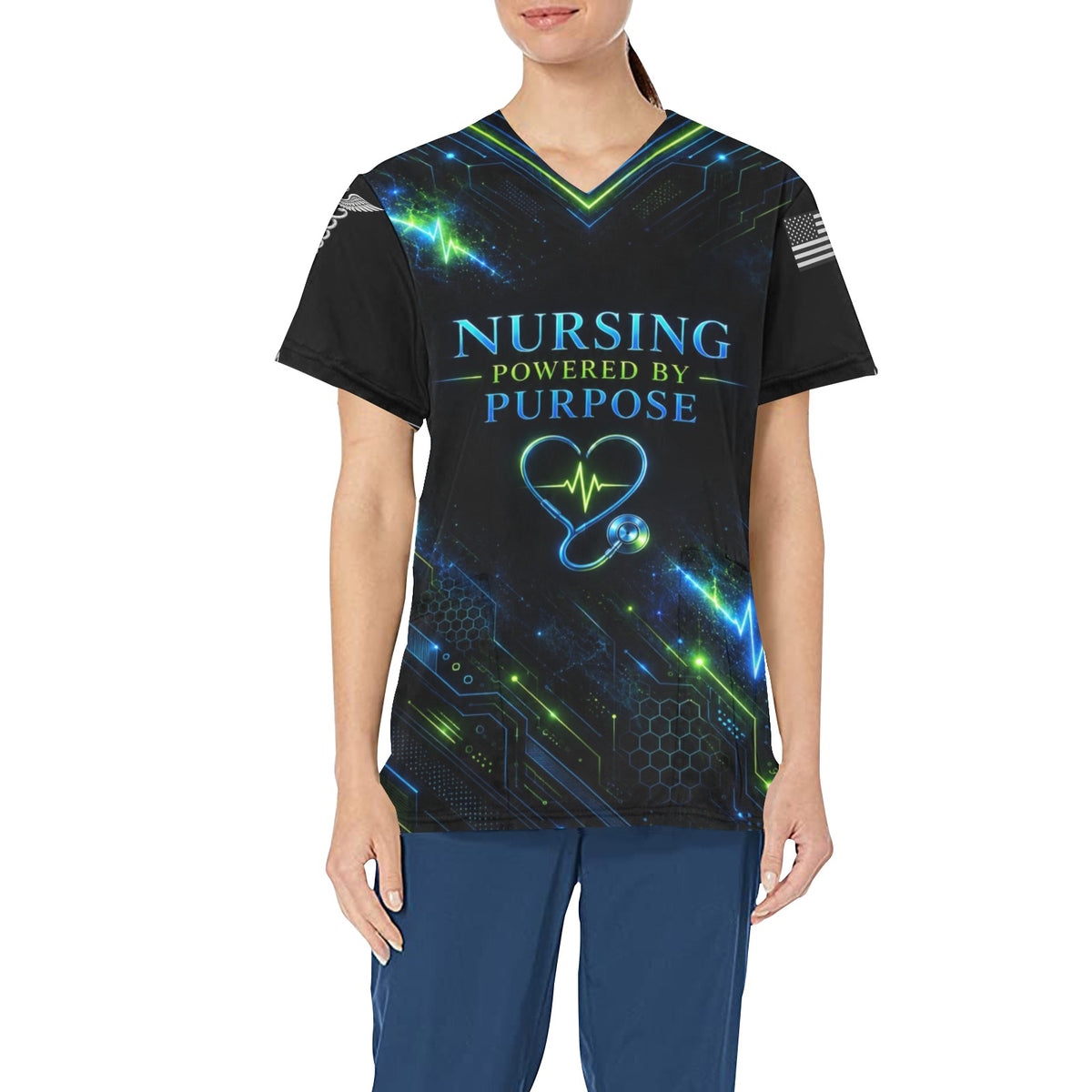 Electric Rounds — Nursing All-Over Print Scrub Top