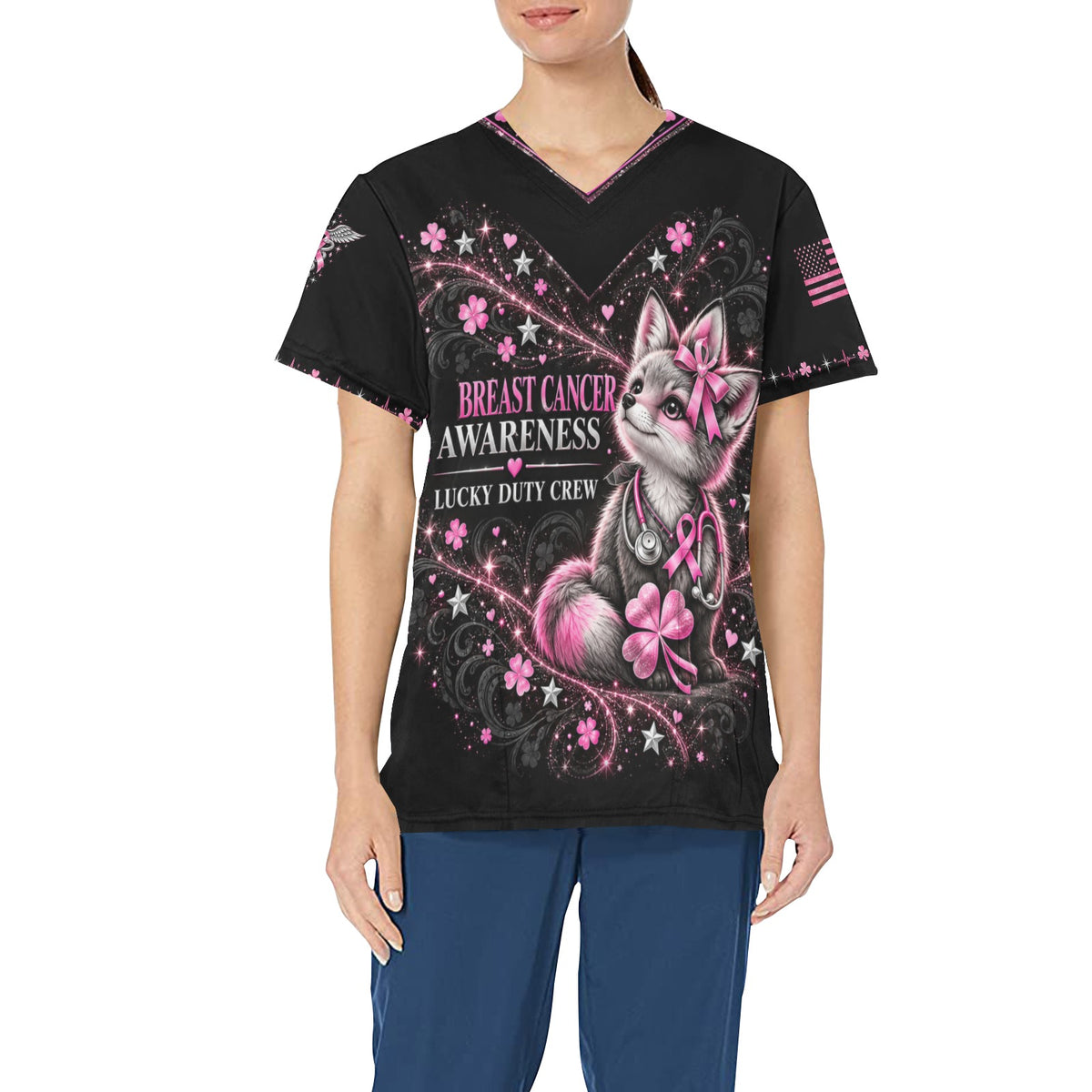 Lucky Duty Crew — Breast Cancer Awareness St. Patrick's Day All-Over Print Scrub Top