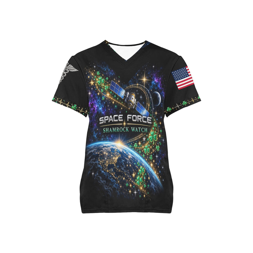 Shamrock Watch — Space Force St. Patrick's Day All-Over Print Scrub Top