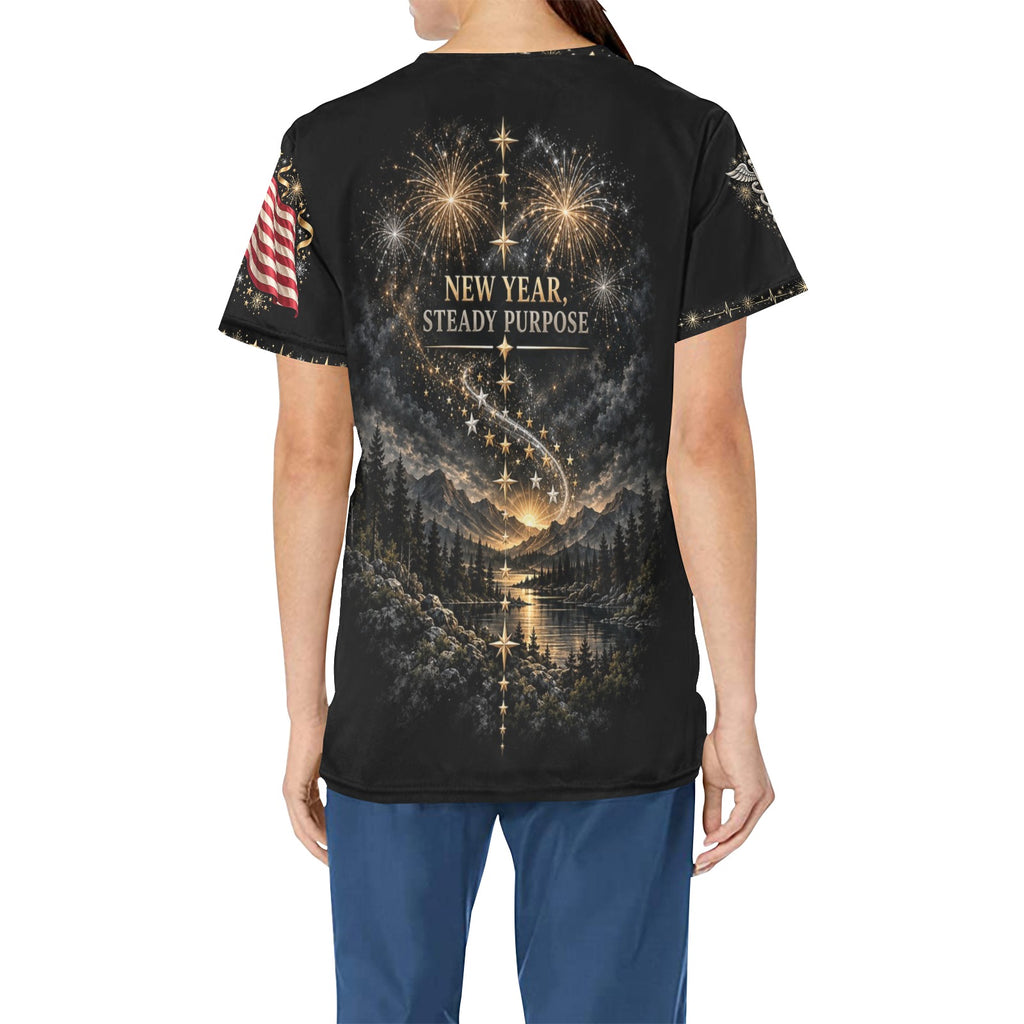 Midnight Resolve — Veterans New Year's All-Over Print Scrub Top