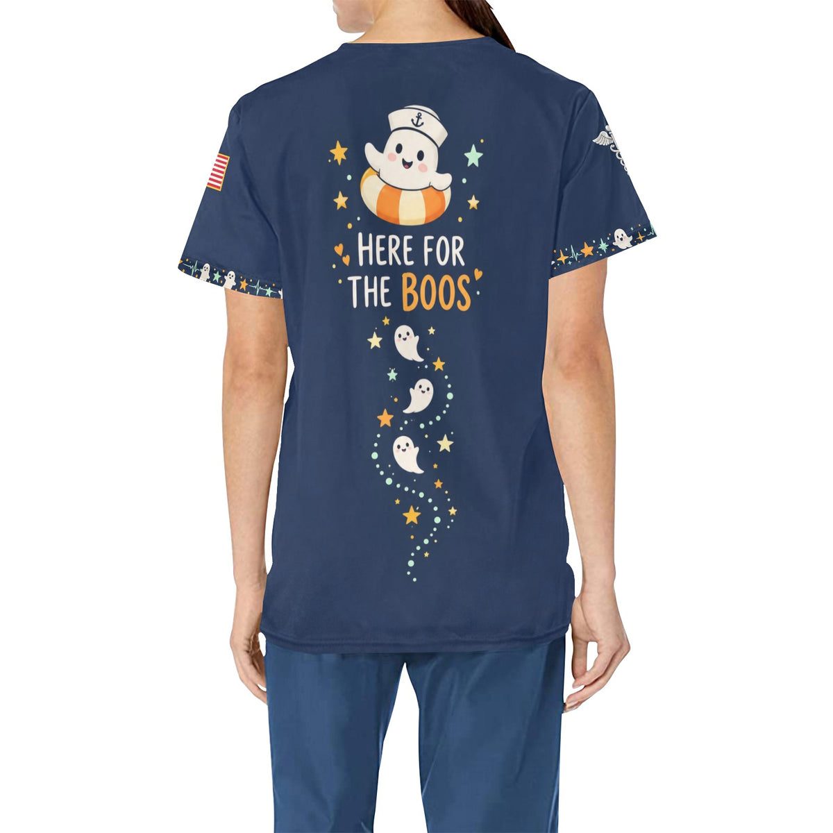 Boo Crew — Navy Halloween All-Over Print Scrub Top
