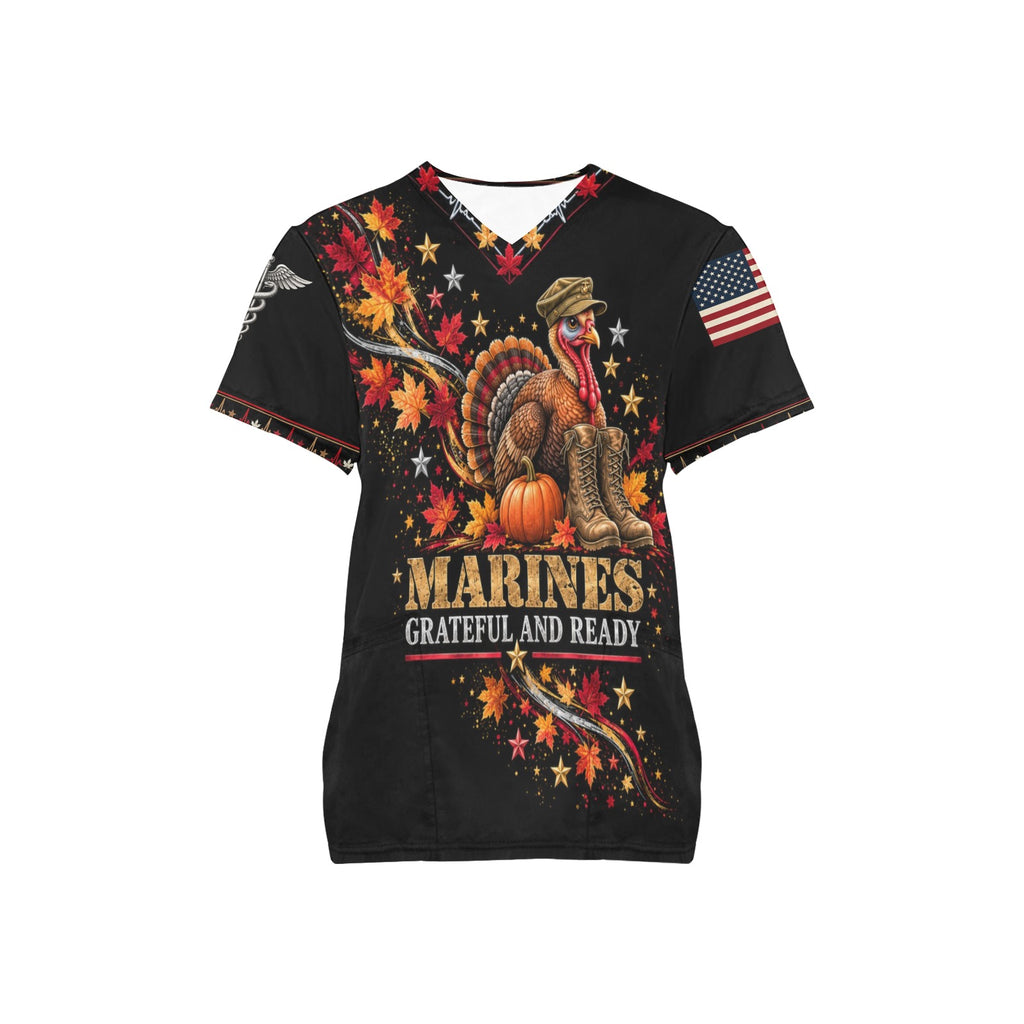 Grateful & Ready — Marine Corps Thanksgiving All-Over Print Scrub Top