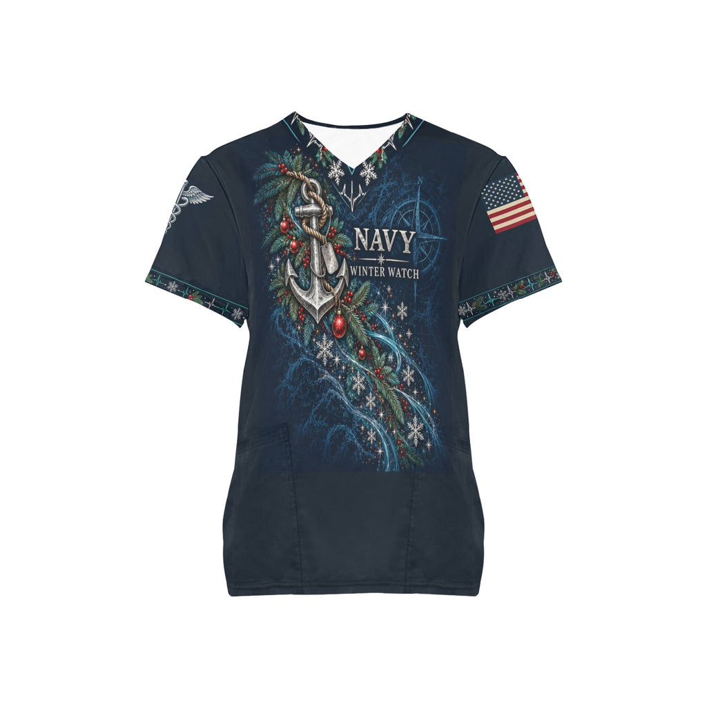 Winter Watch — Navy Christmas All-Over Print Scrub Top
