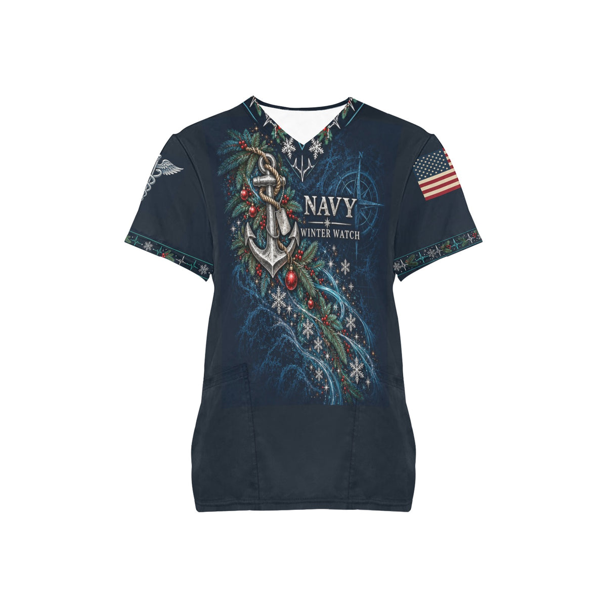 Winter Watch — Navy Christmas All-Over Print Scrub Top