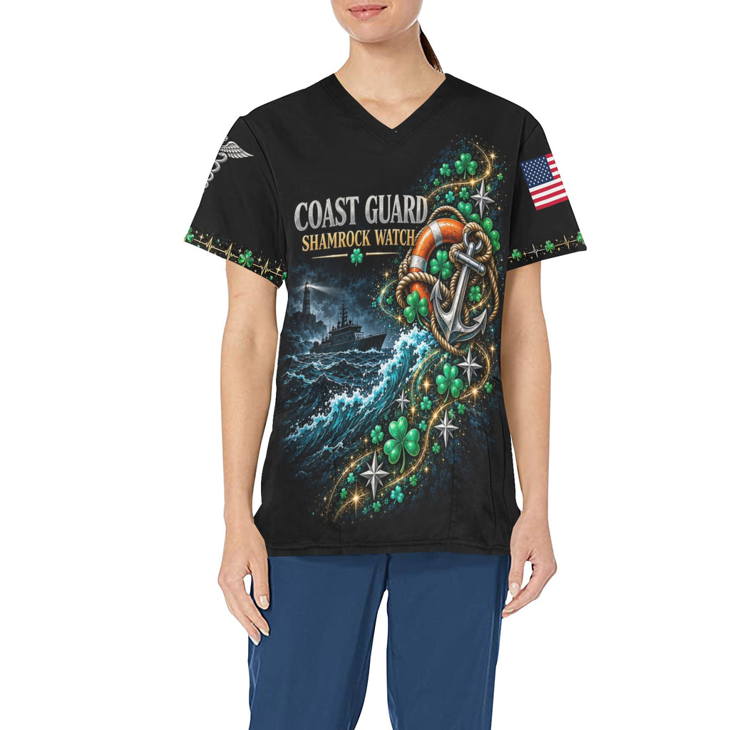Shamrock Watch — Coast Guard St. Patrick's Day All-Over Print Scrub Top
