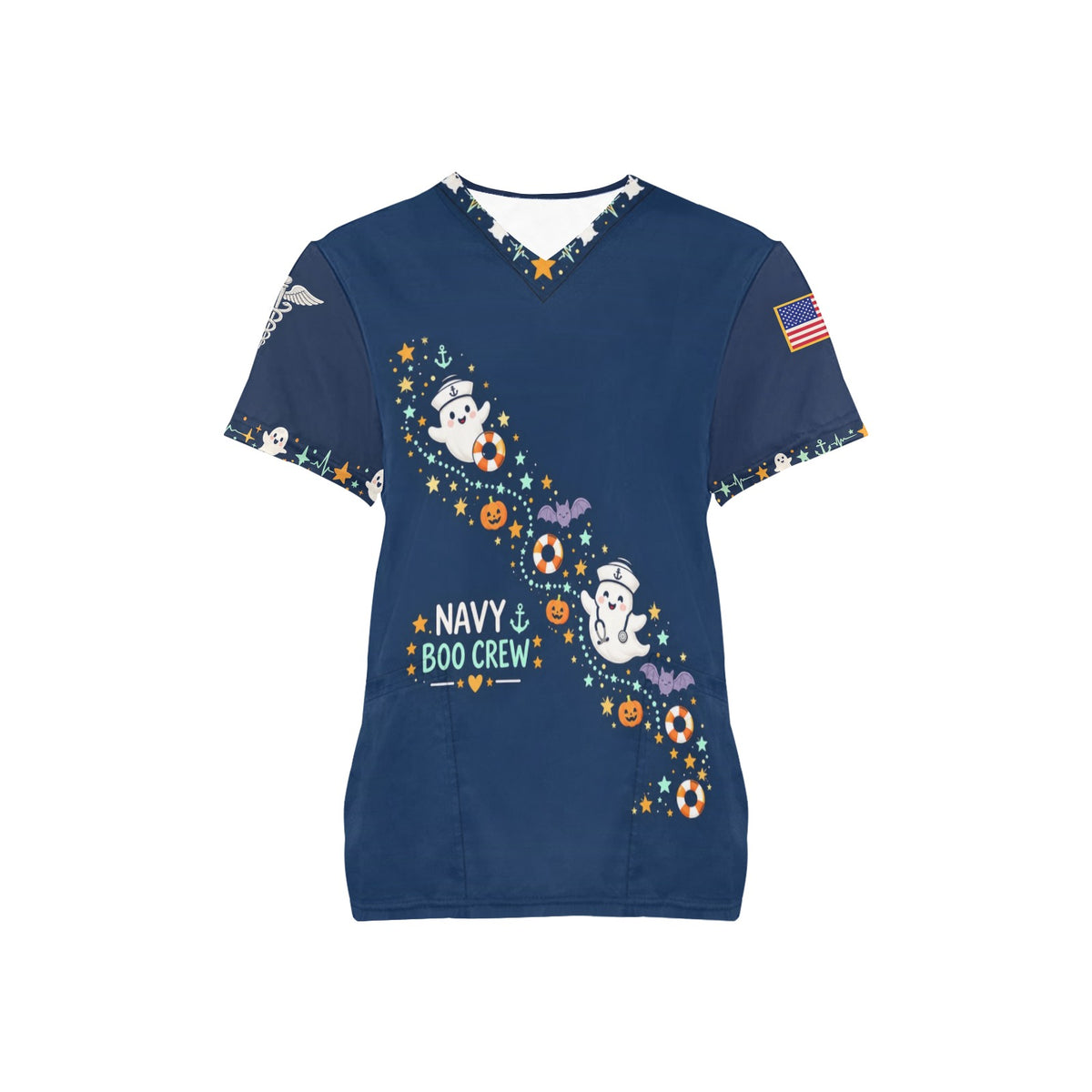 Boo Crew — Navy Halloween All-Over Print Scrub Top