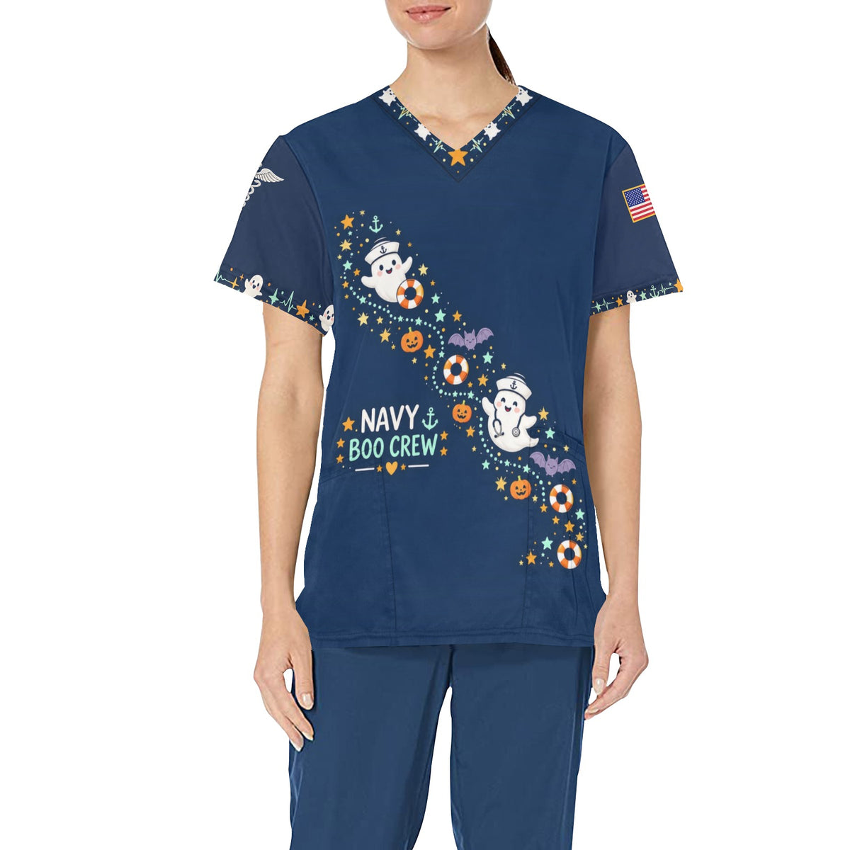 Boo Crew — Navy Halloween All-Over Print Scrub Top