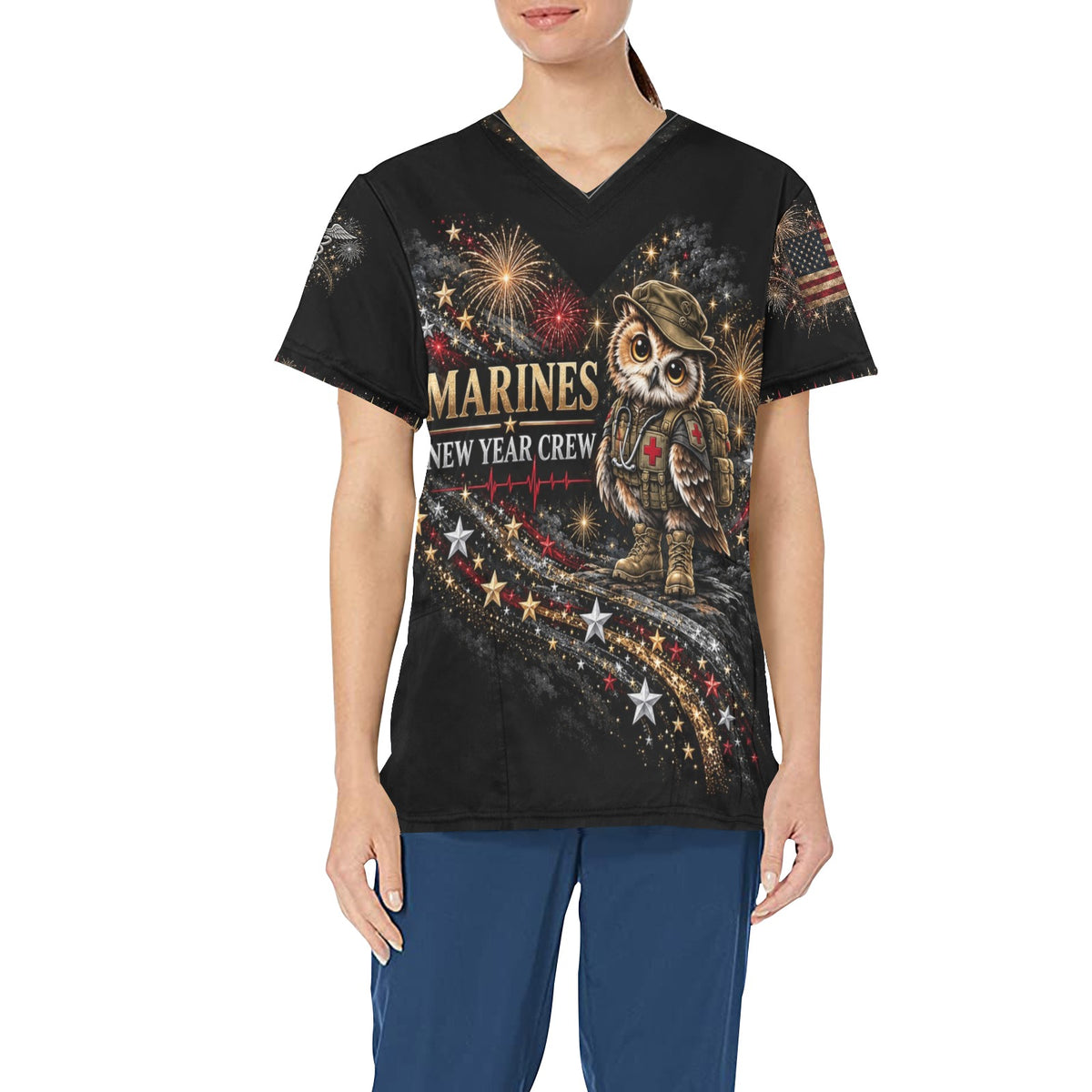 New Year Crew — Marine Corps New Year's All-Over Print Scrub Top