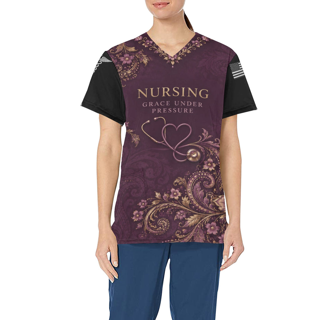 Plum Paisley — Nursing All-Over Print Scrub Top