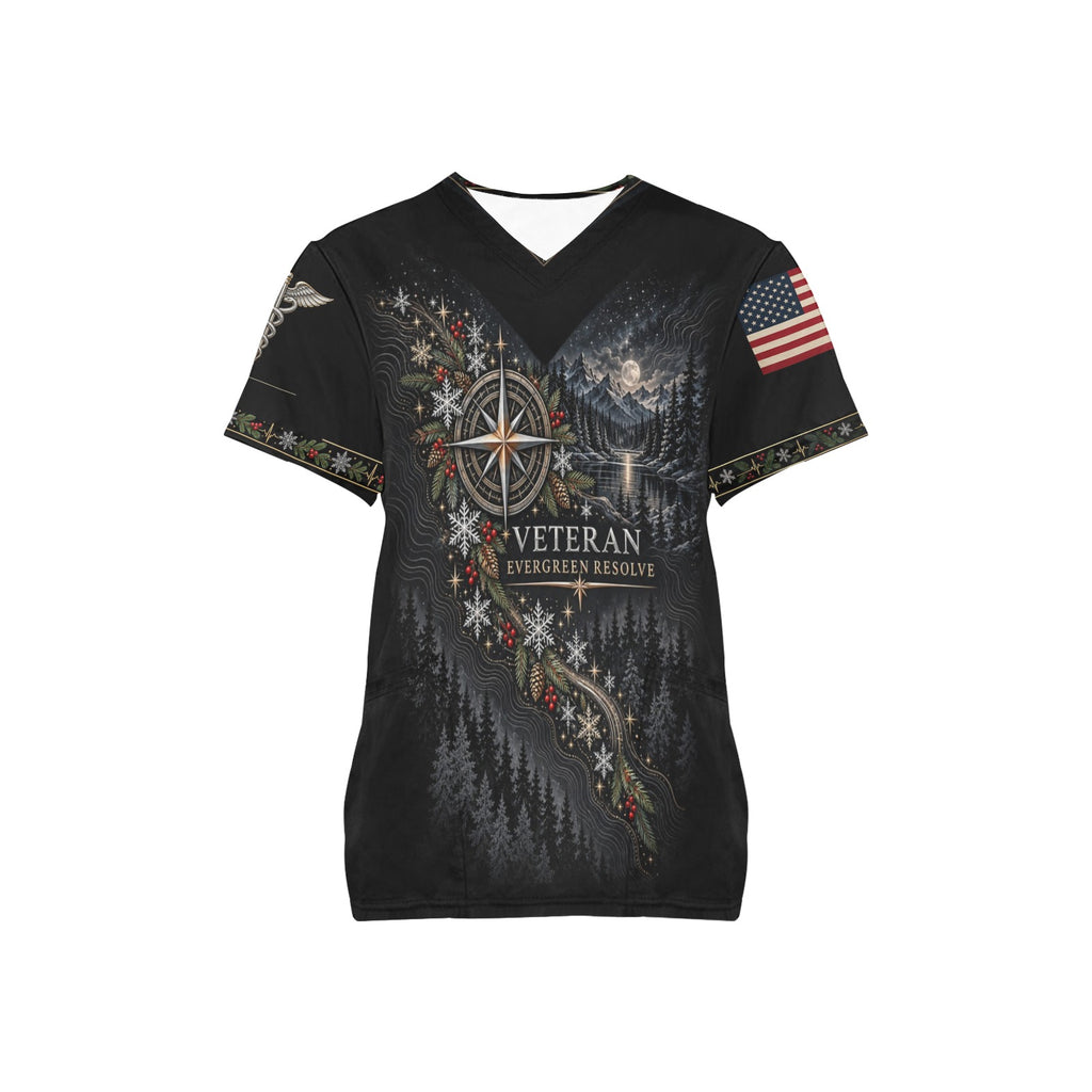 Evergreen Resolve — Veterans Christmas All-Over Print Scrub Top