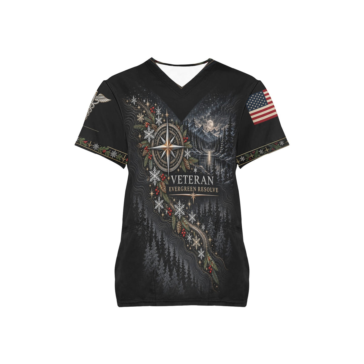 Evergreen Resolve — Veterans Christmas All-Over Print Scrub Top