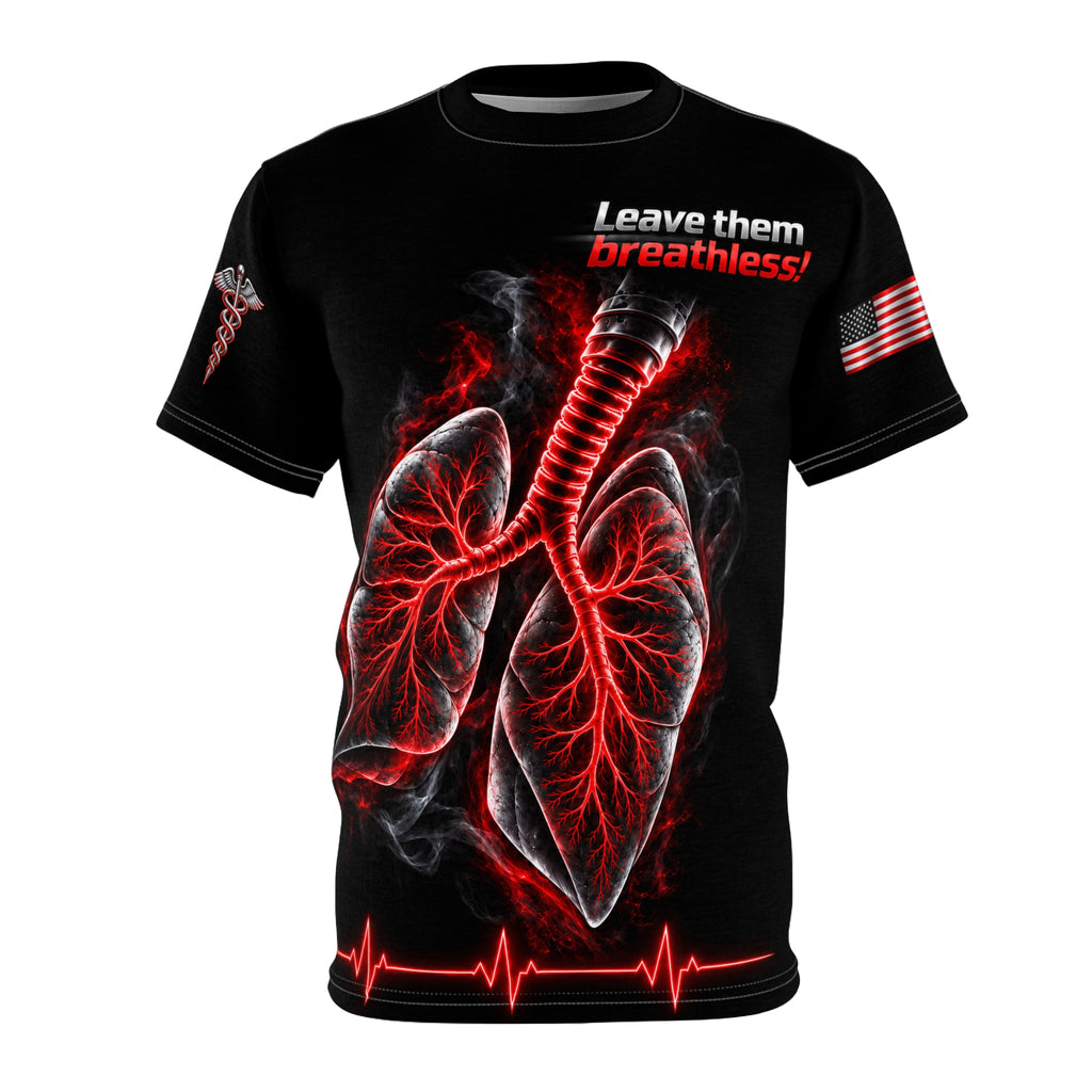 Product mockup: front of the black Obsidian Circuit respiratory therapy T-shirt with metallic lungs, red airways and Leave Them Breathless lettering.