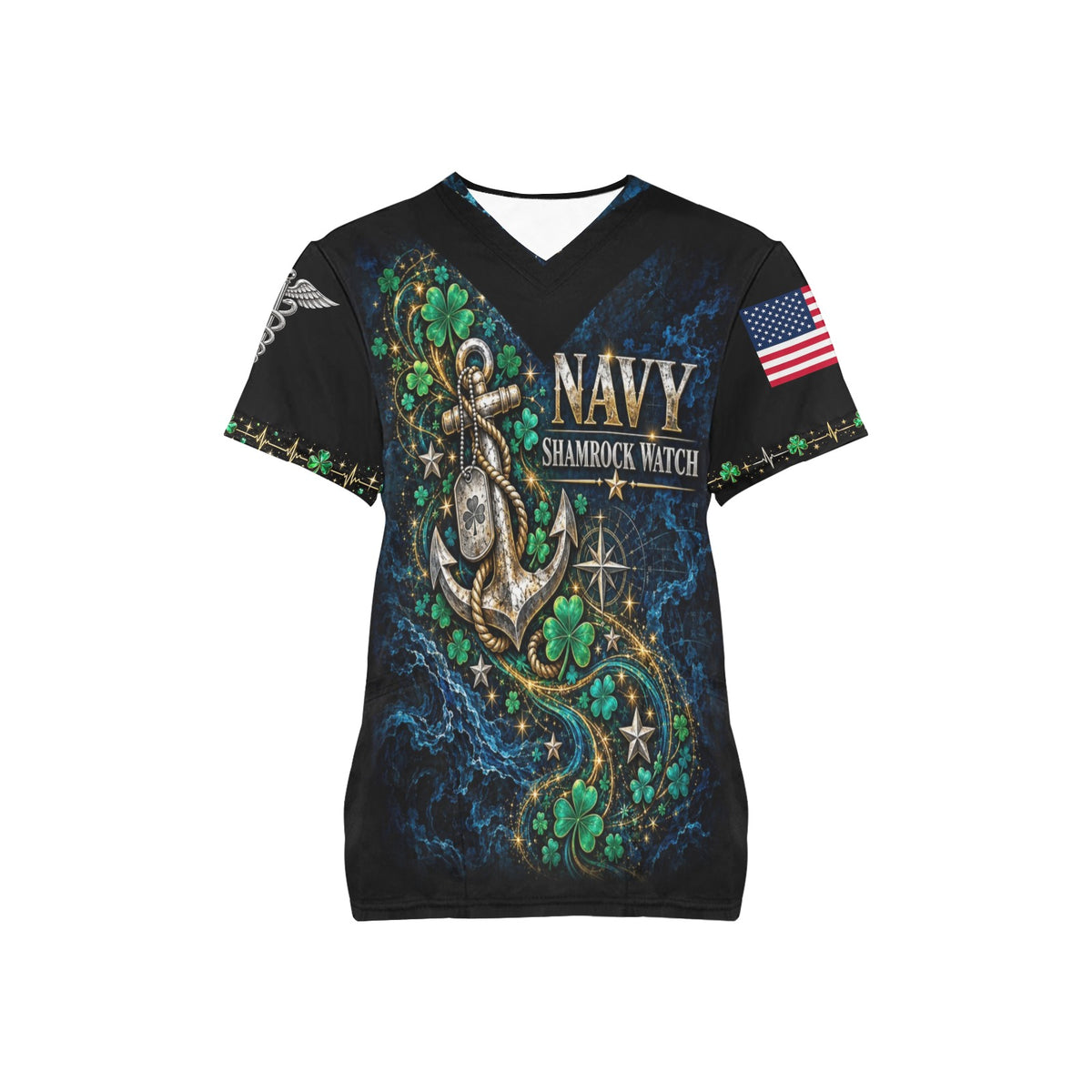 Shamrock Watch — Navy St. Patrick's Day All-Over Print Scrub Top