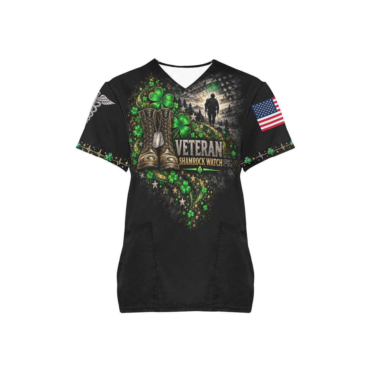 Shamrock Watch — Veterans St. Patrick's Day All-Over Print Scrub Top