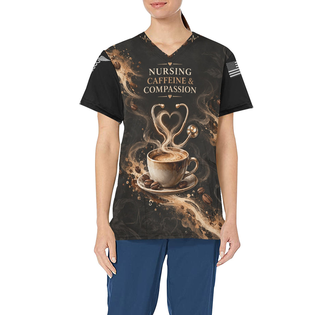 Caffeine & Compassion — Nursing All-Over Print Scrub Top