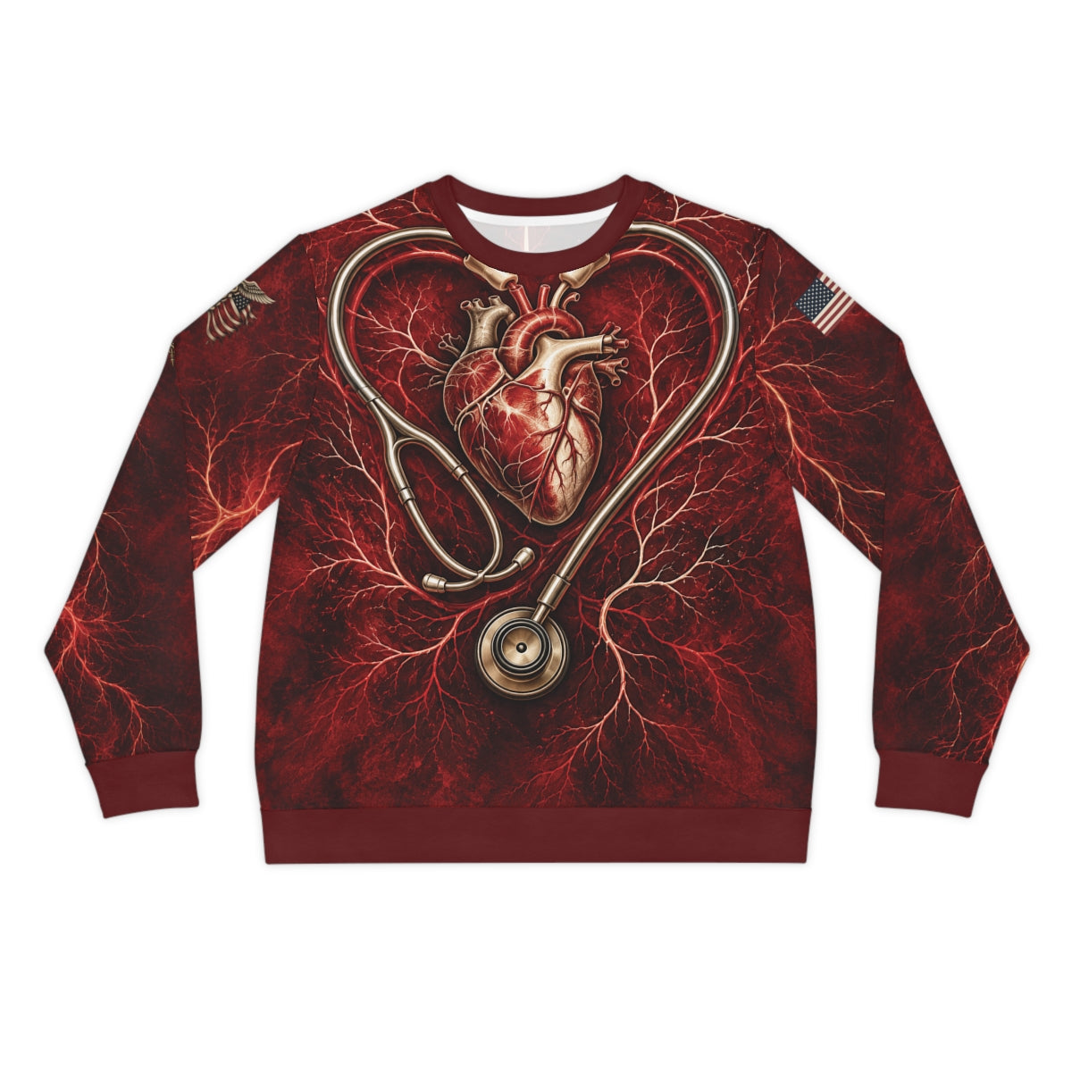 Actual saved Printify GM06 front with large stethoscope heart and vascular sleeve continuity