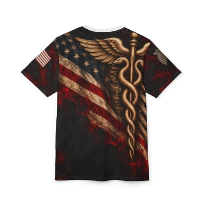M02 Crimson Airway Tee actual Printify back review mockup; unpublished draft
