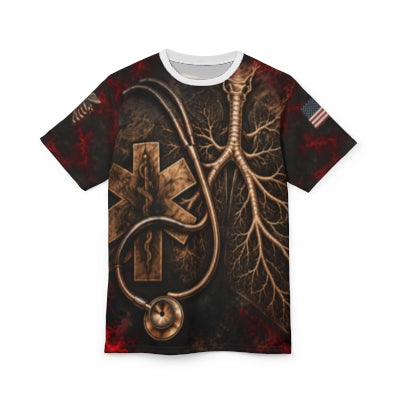 M02 Crimson Airway Tee actual Printify front review mockup; unpublished draft