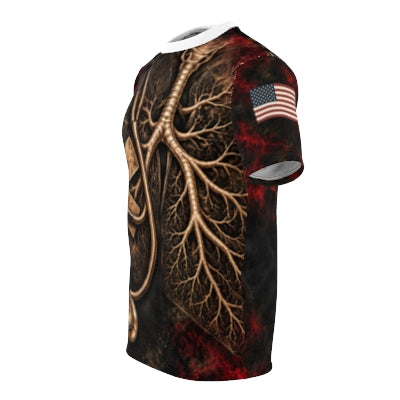 M02 Crimson Airway Tee actual Printify wearer-left sleeve review mockup; unpublished draft