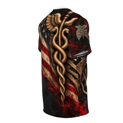 M02 Crimson Airway Tee actual Printify wearer-right sleeve review mockup; unpublished draft
