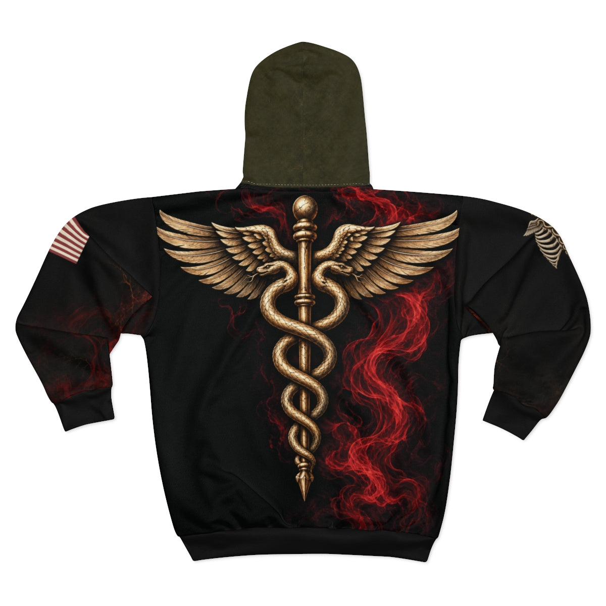 Actual Printify mockup of M05 Obsidian Signal Zip Hoodie, back, unpublished review draft