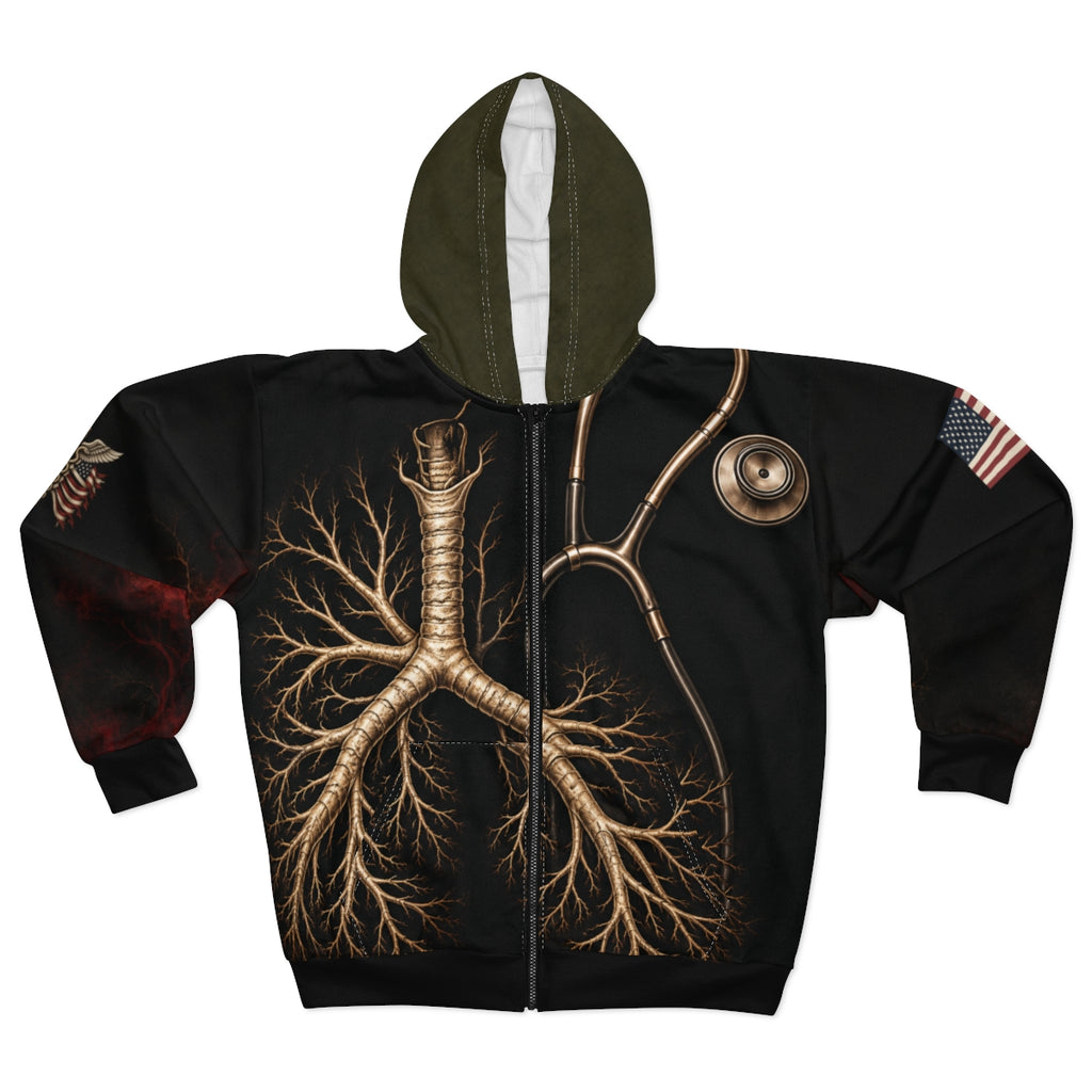 Actual Printify mockup of M05 Obsidian Signal Zip Hoodie, front, unpublished review draft