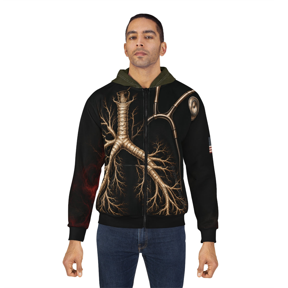 Actual Printify mockup of M05 Obsidian Signal Zip Hoodie, person-front, unpublished review draft