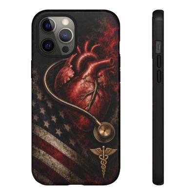 Actual Printify rendered Crimson Signal glossy case, corrected emblem clearance, iPhone 12 Pro Max proof