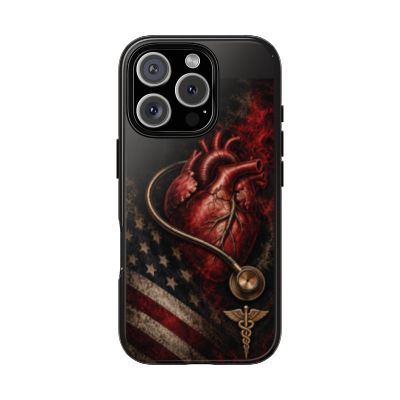 Actual Printify Crimson Signal glossy case: iPhone 16 Pro; model-specific camera and full medical emblem clearance reviewed