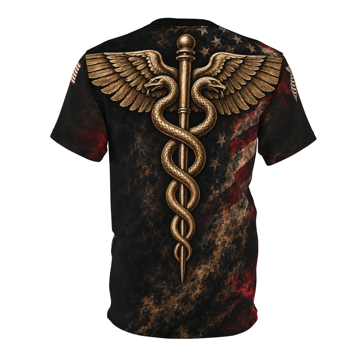 Actual saved Printify M16 distinct winged two-snake caduceus back review render